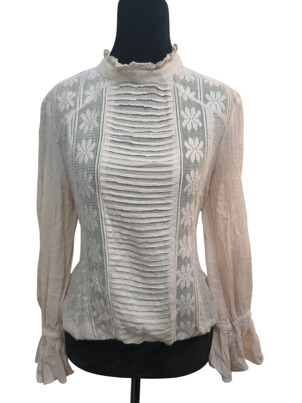 Free People Medium Victorian Ivory Pintuck Blouse  Cottagecore Boho Romantic Top